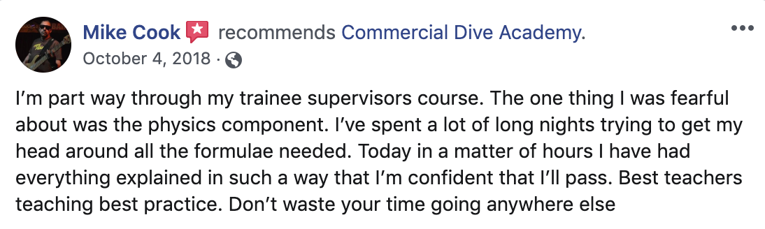 Mike Cook Facebook Review of the Commercial Dive Academy Tasmania